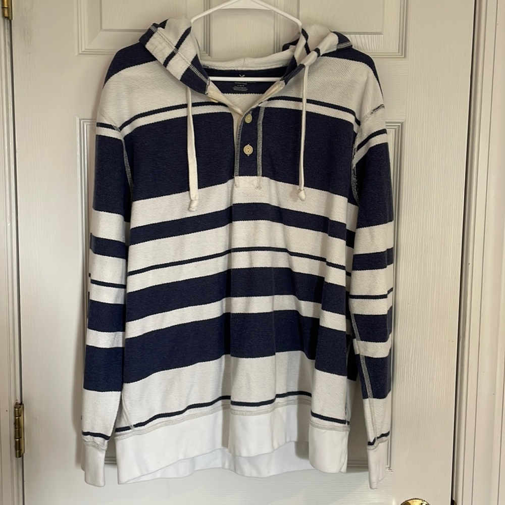 American Eagle Men’s Lightweight Hoodie, Navy and White striped, size L